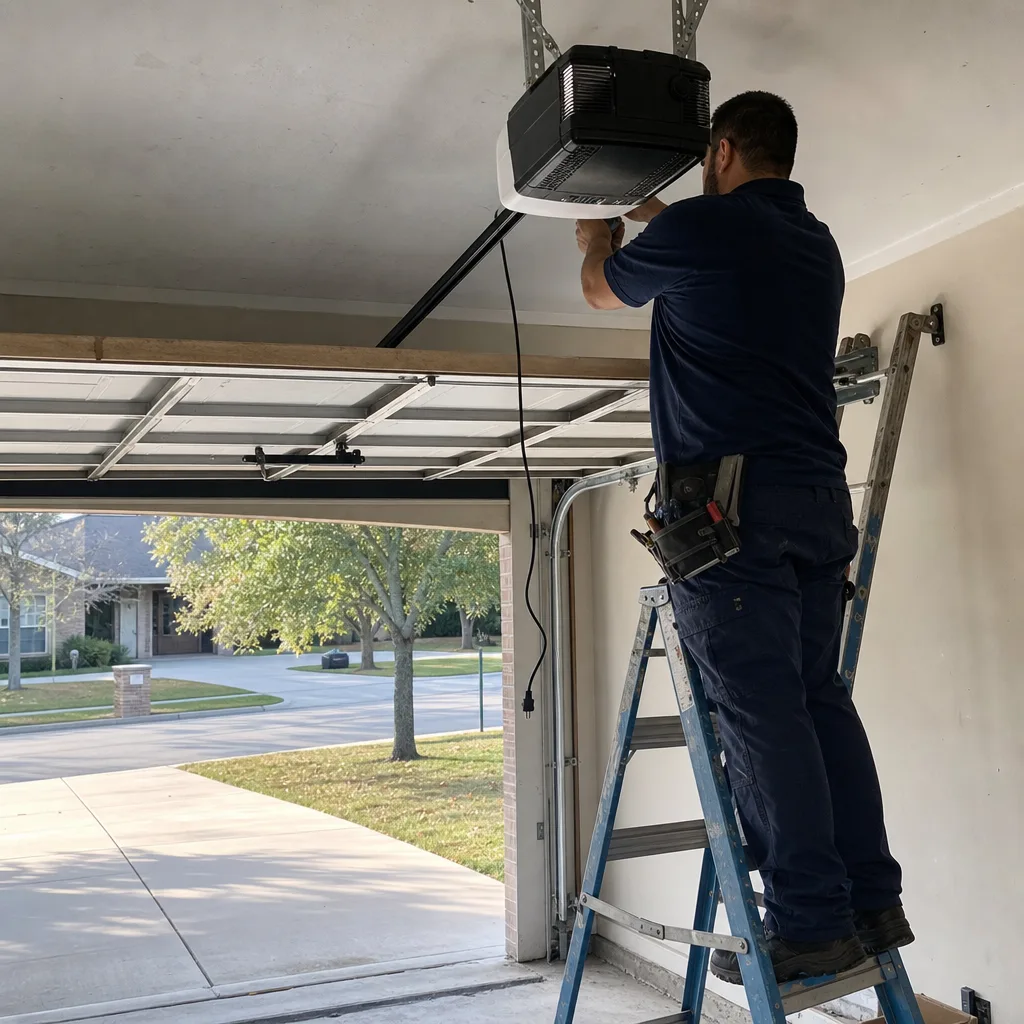 Technician performing professional garage door opener installation and repair