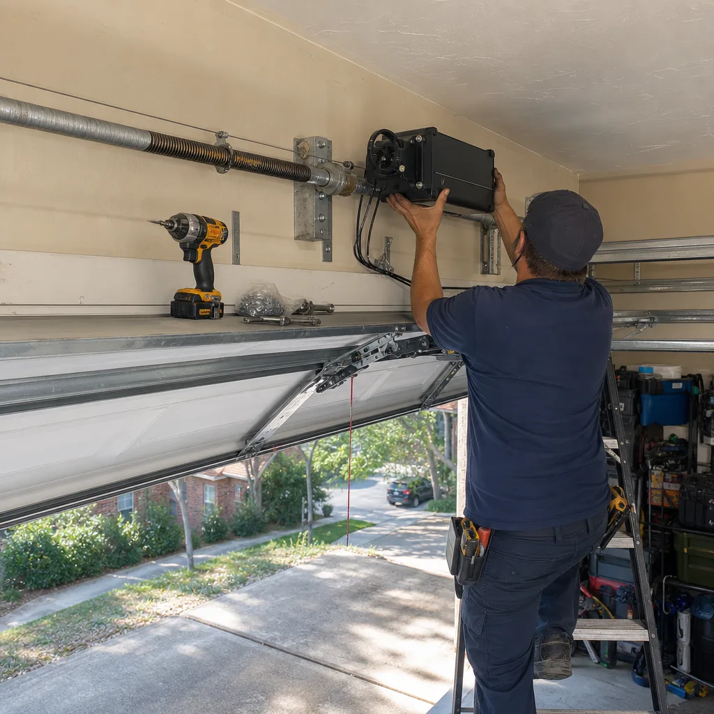Technician performing professional garage door opener installation on a ladder