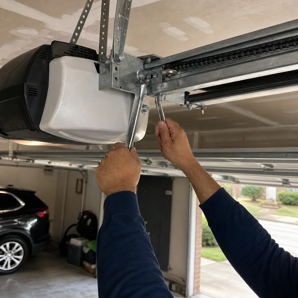 Technician performing professional garage door opener repair and maintenance
