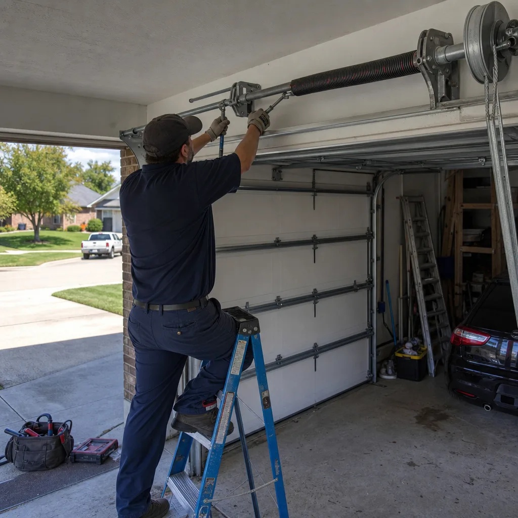 Professional technician performing garage door torsion spring repair