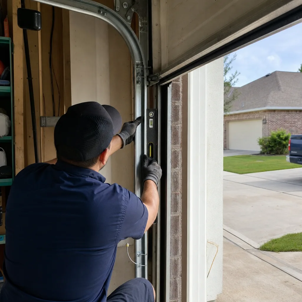 Technician using a level to adjust a garage door track