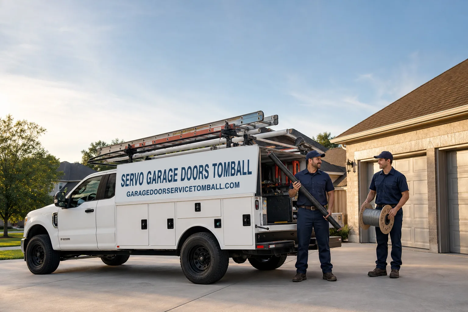 Servo Garage Doors Tomball garage door service vehicle and crew in Tomball, TX
